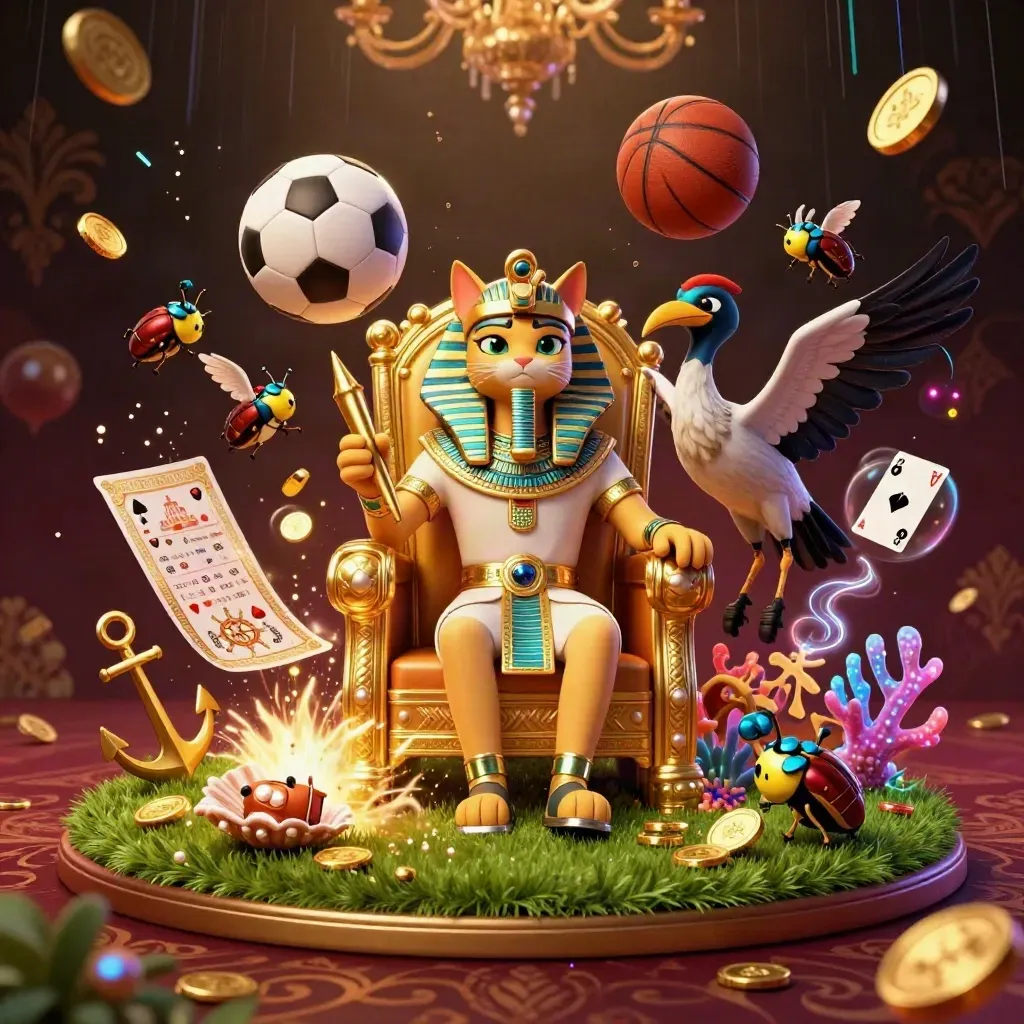 Pharaoh cat, ibis scribe, and scarab beetles amid coins, balls, and casino treasure glow