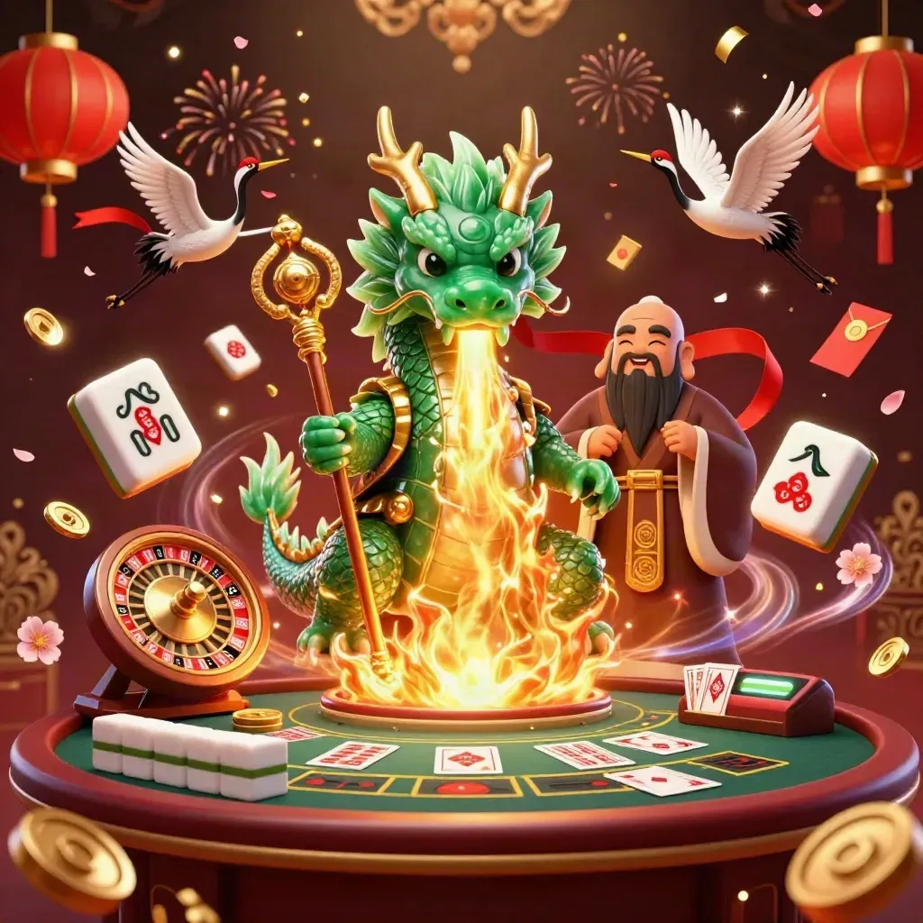 Emerald dragon, turtle sage, and cranes amid lanterns, coins, roulette, and casino magic