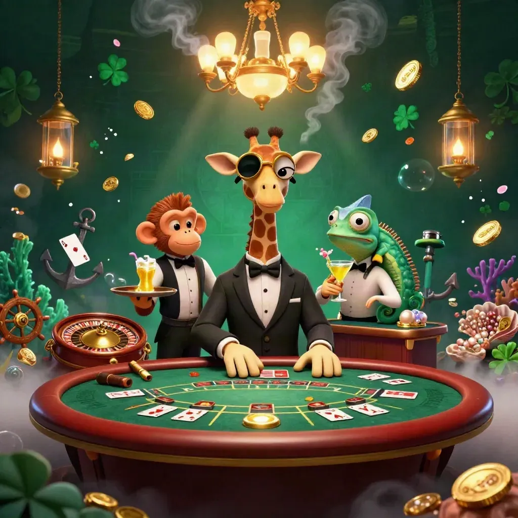 Cartoon giraffe, monkey valet and chameleon bartender in a glowing luxury casino treasure scene.