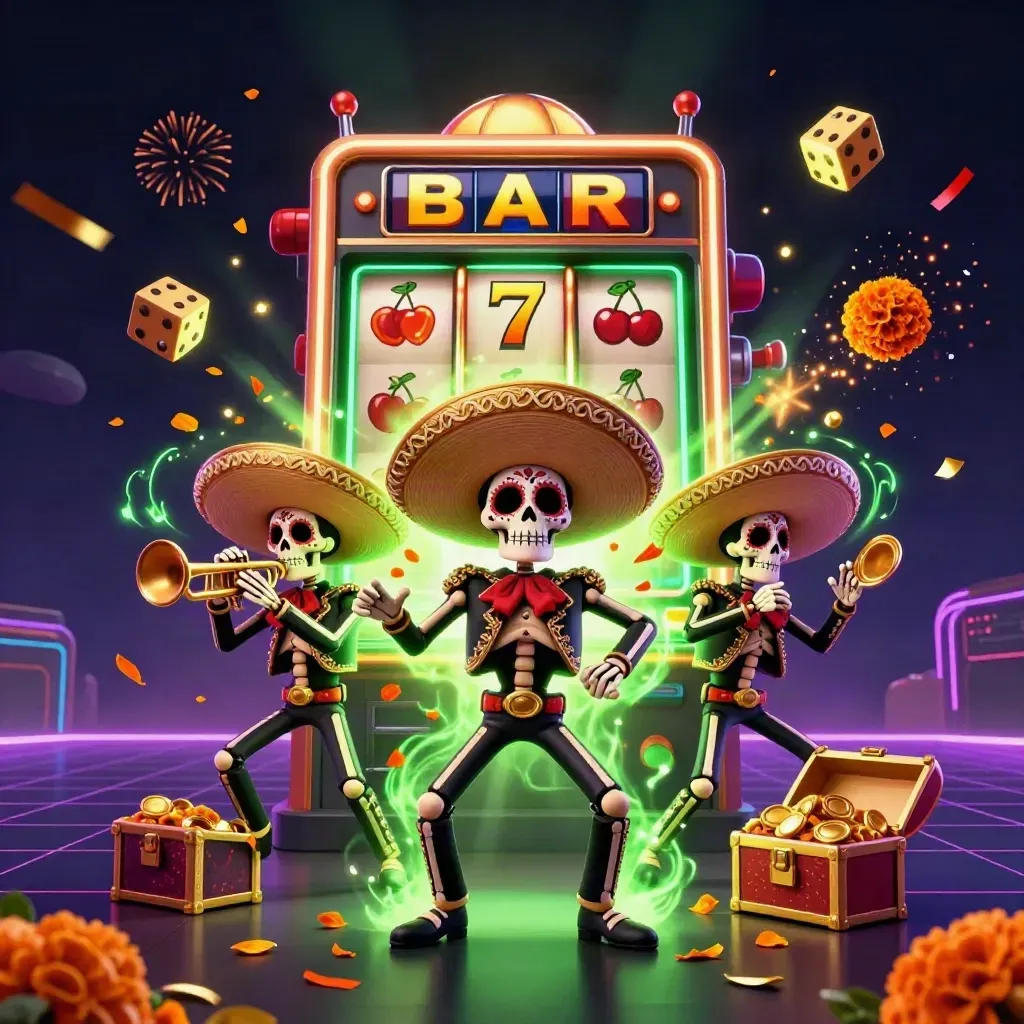 Skeleton mariachi trio amid exploding slot machine, gold, dice, fireworks, and emerald neon casino glow.