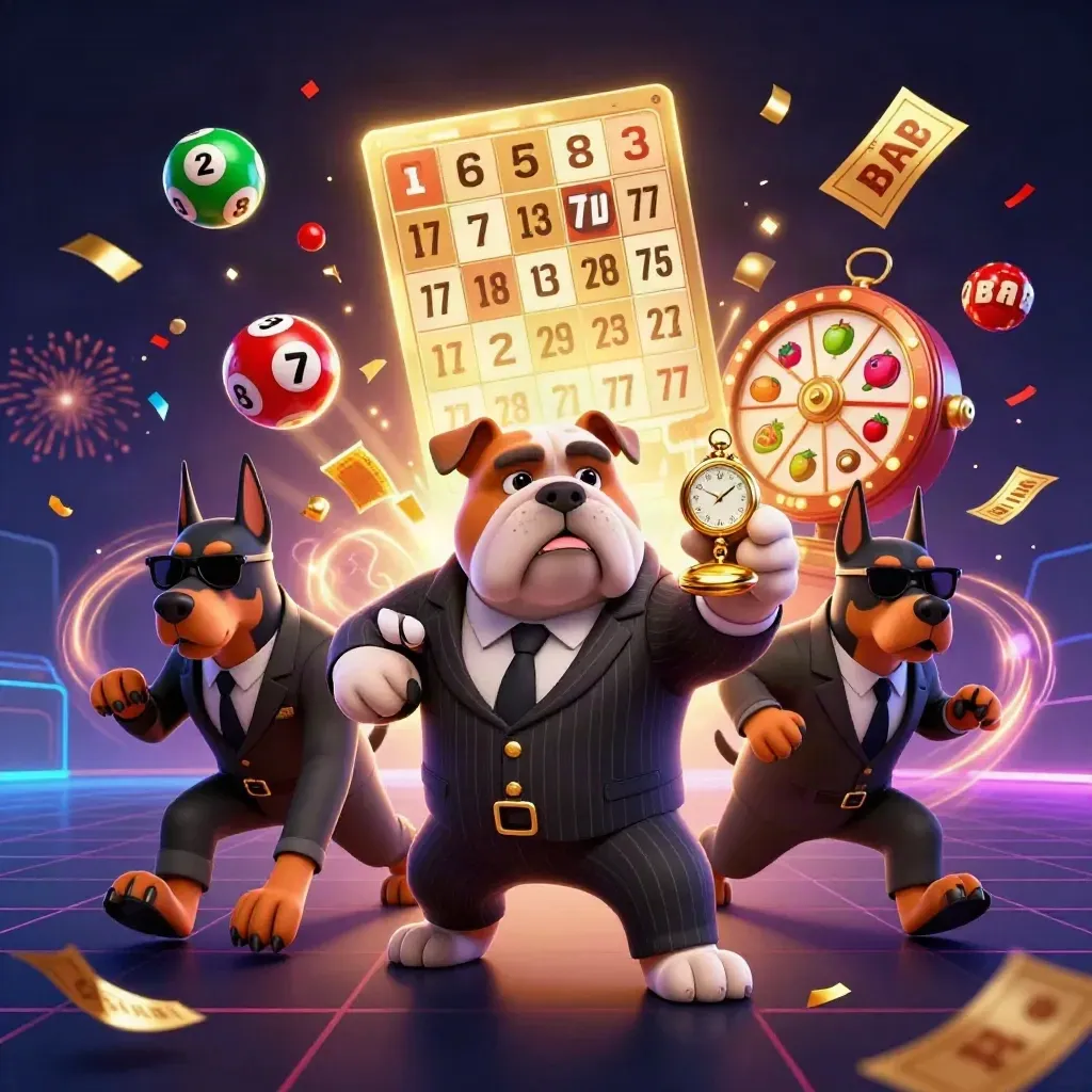 Bulldog mob boss and two Dobermans amid casino bursts, neon grid, confetti, and prize-wheel chaos.