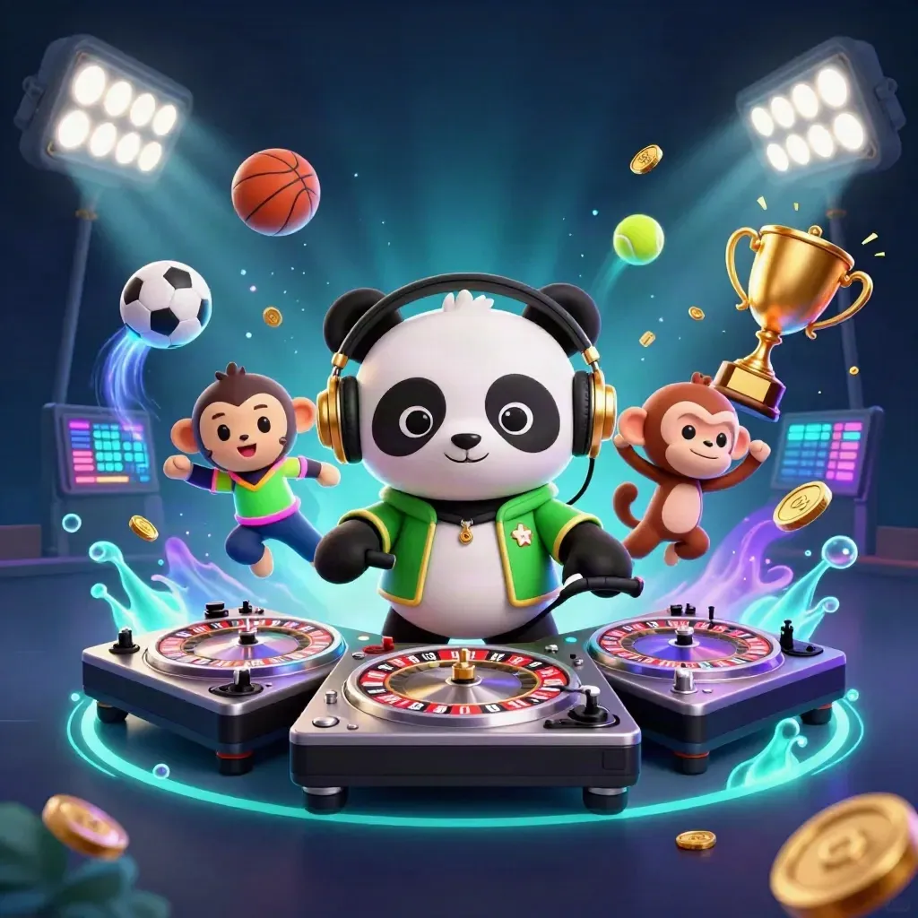 DJ panda, breakdancing monkey, and glow-stick kitten amid balls, coins, and casino lights.