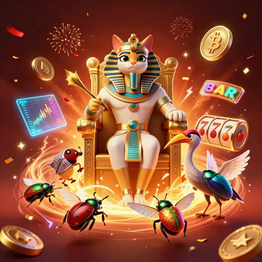 Pharaoh cat on a golden throne with ibis scribe, scarabs, and glowing casino crypto icons.